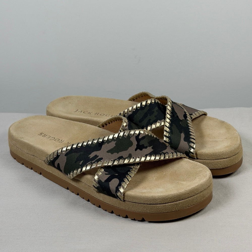 Jack Rogers Lexi Sandals Criss Cross Camo Gold Whipstitch Platform Slides Size 9